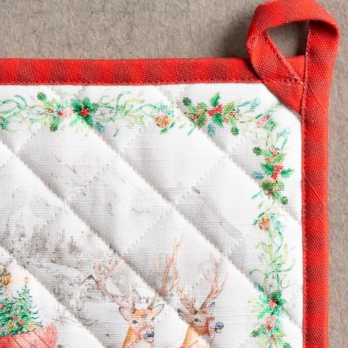 Maison d' Hermine Pot Holders Set 100% Cotton Heat Resistant Potholders 8" x 8" Hot Pads with Loop for Thanksgiving Christmas Decorations Baking Handling Hot Pans (Pack of 2, Christmas Tradition)