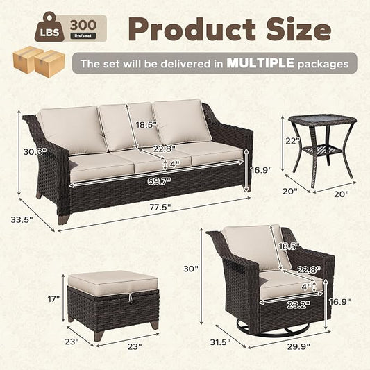 7 Pieces Patio Conversation Furniture Set - 2 Sofas, 2 Ottomans, 2 Swivel Chairs, 1 Side Table, Outdoor Wicker Furniture with Removable Cushions for Porch, Balcony, Sunroom (Beige)