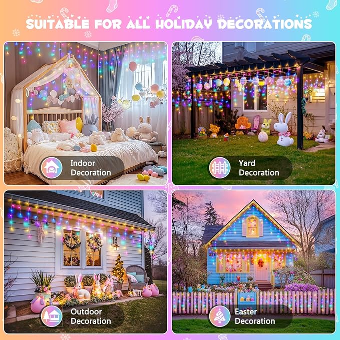 JMEXSUSS 400 LED 38.8 FT Easter Lights String Outdoor | Connectable Pastel Icicle Lights Indoor Outdoor for Easter Spring House Garden Party Decorations