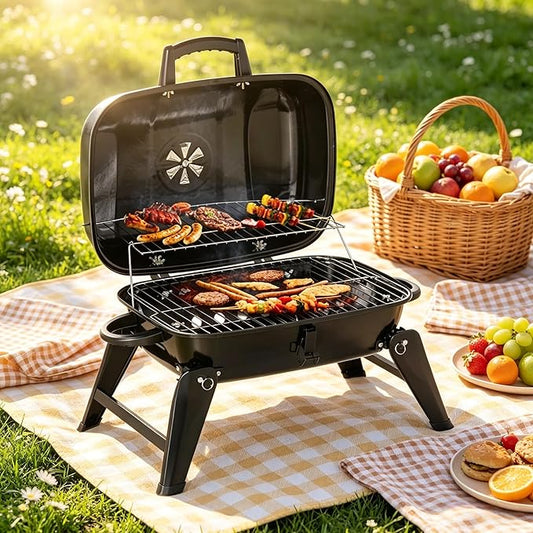 Small Charcoal Grill, Portable Outdoor BBQ Grill with Foldable Legs for Tabletop and Travel, Easy Temperature Control and Warming Rack for Cookouts