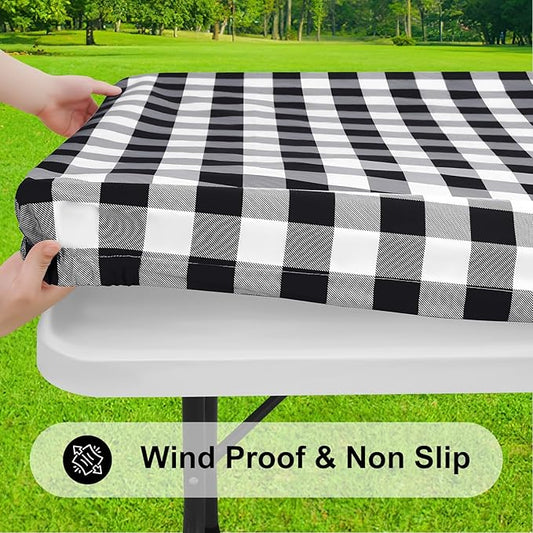 Smiry Rectangle Picnic Table Cloth, Elastic Waterproof Fitted Vinyl Tablecloths, Flannel Backed Buffalo Plaid Table Covers for Dining, Camping, Outdoor (Black and White, 24" x 72")