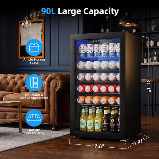 Antarctic Star Mini Fridge 130 Can Beverage Refrigerator Cooler with Glass Door,Adjustable Shelves & Digital Temperature for Soda Beer or wine fridge for Home, Office Bar 3.2cu.ft