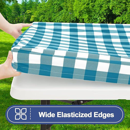 Smiry Picnic Table Cover with Bench Covers, Waterproof Elastic Fitted Tablecloths for 8 Foot Rectangle Tables, Washable Buffalo Plaid Tablecloth for Camping, Outdoor (Turquoise & White 30"x96")