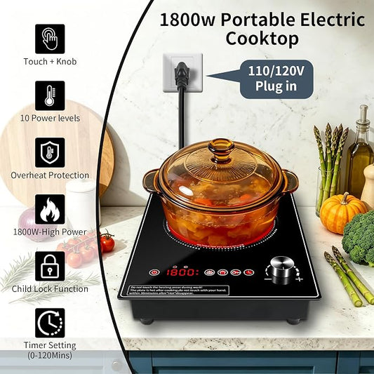 Single Burner Electric Cooktop, 1800W Electric Stove TopοΌportable cooktop with LED Touch Control,10Power Levels, 4H Timer, Safety Lock, single burner cooktop Overheat protection