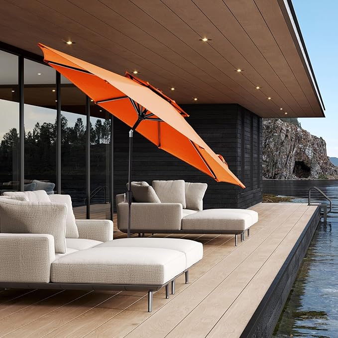 JEAREY 9' 2-Tiers Patio Umbrellas Outdoor Table Market Umbrella w/Push Button Tilt/Crank, 8 Sturdy Ribs, UV Protection Waterproof Sunproof(Orange)