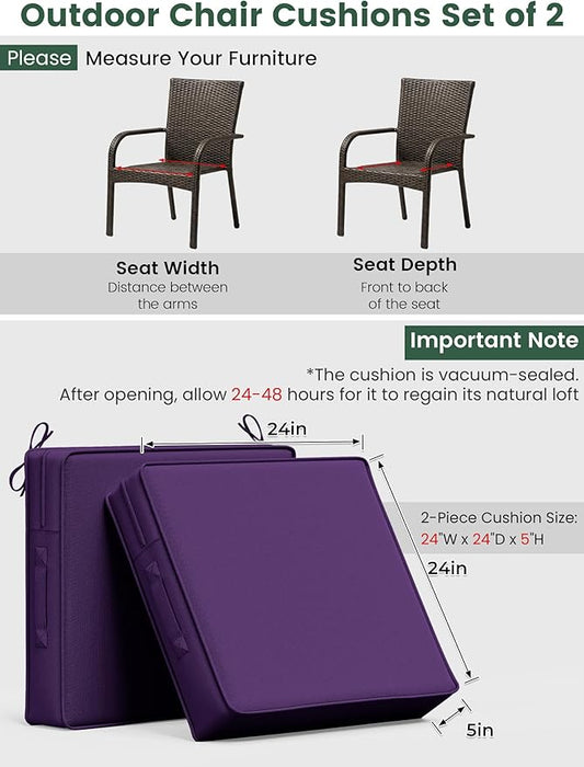 Outdoor Chair Cushion 24 x 24 x 5 Inches Patio Furniture Outdoor Waterproof Seat Cushion, Patio Chair Cushion with Handles and Ties, Square Dining Chair Cushion Set of 2, Purple