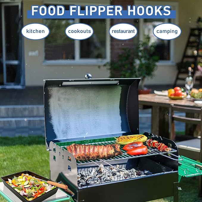 Pigtail Food Flipper 2Pcs, HaSteeL 12 & 17 Inch Meat Turner Hook, Stainless Steel Pig Tail Flipper Hook With Wooden Handle, Grill Accessories for BBQ Grilling Griddle Kitchen Cooking - Right Handed