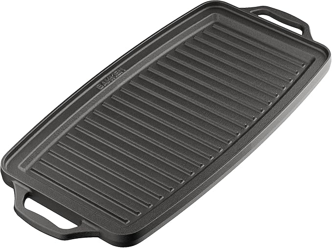 Bakken 19” Reversible Cast Iron Griddle, Flat & Grill Side, Dual Burner Cooking Plate for Pancakes, Meats & Veggies, Pre-Seasoned, Nonstick, Oven & Campfire Safe, Heavy-Duty Griddle Top with Mitt