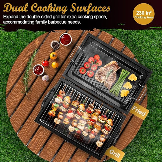 Joyfair Portable Charcoal Grill (2 IN 1 Double-Sided), Small Tabletop Barbecue Grill with Food Tray & Rack for Outdoor Camping Home Patio BBQ Grilling, Heavy Duty & Multi-use, Easy Assembly (230Sq.in)