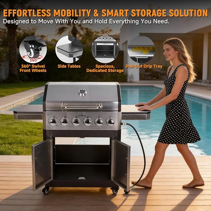 6-Burner Propane Gas Grill with 60000 BTU, Heavy Duty Cast Iron Cooking Grates Stainless Steel Warming Rack and Side Tables, BBQ Grill for Outdoor Backyard Cooking and Patio Parties, Black
