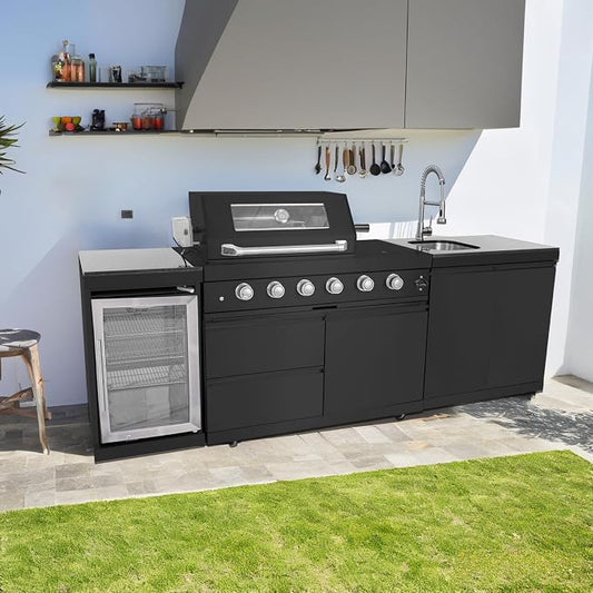 4 Burner Outdoor Kitchen Island with Grill and Side Burner, Deluxe Stainless Steel Modular Outdoor Kitchen, 72000 BTU, Gas Propane BBQ Island with Refrigerator, 2 Doors Sink, Rotisserie, 104"W, Black