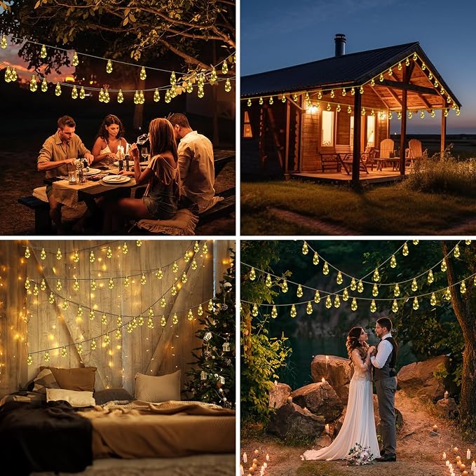 Solar Outdoor String Lights 2PCS 24FT Vintage Rope Hemp Solar Lights with 20 Shatterproof Bulbs,8 Modes Solar Powered Lights with Memory Function,Waterproof for Fence,Yard,Camping(Warm White)