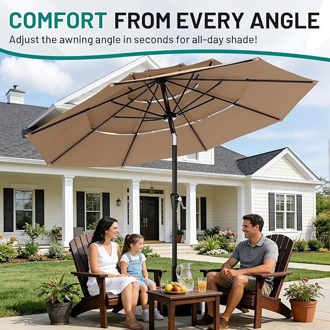AreShark 9ft 3-Tier Patio Umbrellas, Outdoor Umbrella with 8 Sturdy Ribs UV Protection Windproof, Market Table Umbrella w/Push Button Tilt & Crank for Pool, Porch, Deck, Garden(Beige)
