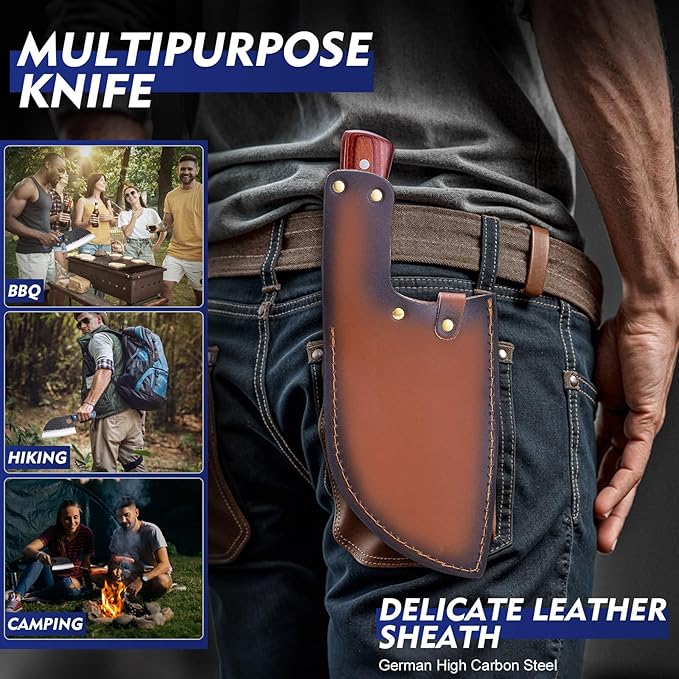 6.8Inch Serbian Chef Knife- Meat Cleaver, Butcher Knife set with Leather Sheath and Whetstone, Kitchen Knives for Home, Camping, BBQ