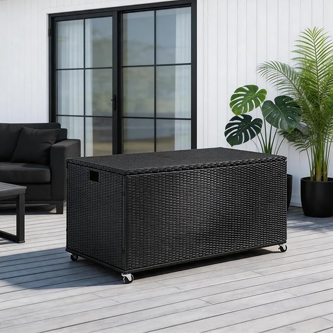Outdoor 170 Gallon Water-Resistant Wicker Storage Box with Wheels, PE Rattan Deck Box with Waterproof Liner for Outside, Patio Storage Container with Hinged Lid, Horizontal Bin, Black