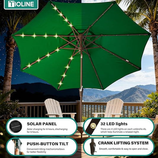 9FT Solar-Powered LED Patio Umbrella with Tilt Crank,Outdoor Market Umbrella with 32 Lights,Sunshade for Deck, Garden and Pool