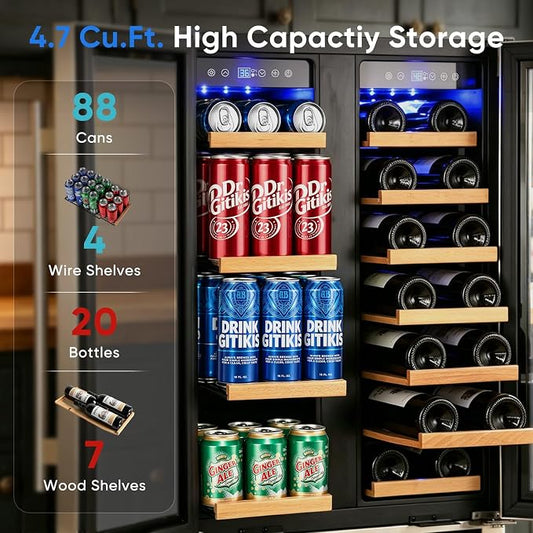 24 Inch Built-in Wine and Beverage Refrigerator Dual Zone | Under Counter Wine Fridge with Glass Door, Digital Touch Panel with °C/°F Switch, Low Noise Cooling for Kitchen, Home Use