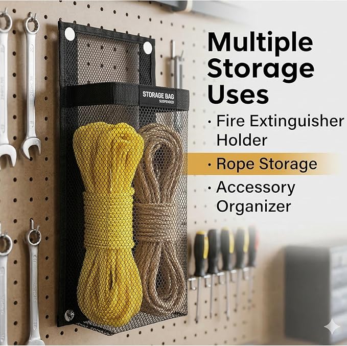 Marine Mesh Single Pocket Boat Gear Storage Bag, Black Fabric Marine Fire Extinguisher Holder, Screw Snap Mount (Black, Medium)