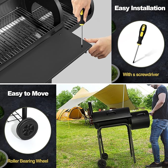 Barrel Charcoal Grill with offset Smoker(420.SQ.IN), Joyfair Large Outdoor BBQ Grills with Chimney Starter Set For Grilling, Smoking, Roasting, with Thermometer & Front Table, 6 S-Hooks & Clamp