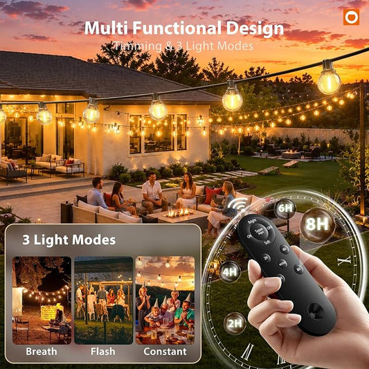 addlon 102FT Solar String Lights Outdoor, Waterproof, USB Charging | Dimmable, 3 Light Modes, Remote, 30+2 LED Bulbs, Easy Install, Ideal for Large Backyard, Garden, Wedding, Party, Camping