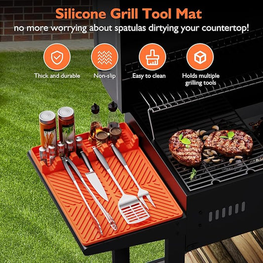 Silicone Griddle Tools Mat for Blackstone griddle accessories, Reusable grill accessories, Spatula Silicone Mat with Drip Pad for Outdoor Grill Side Shelves 16 * 11.5 inches (Orange)