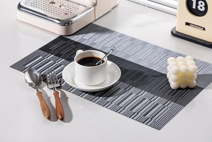 LEXMORE Placemats Set of 6 Vinyl/Plastic Woven Place Mats for Kitchen Table Indoor/Outdoor Washable Placemat Wipeable Dining Table Mats(Silver Gray Black)