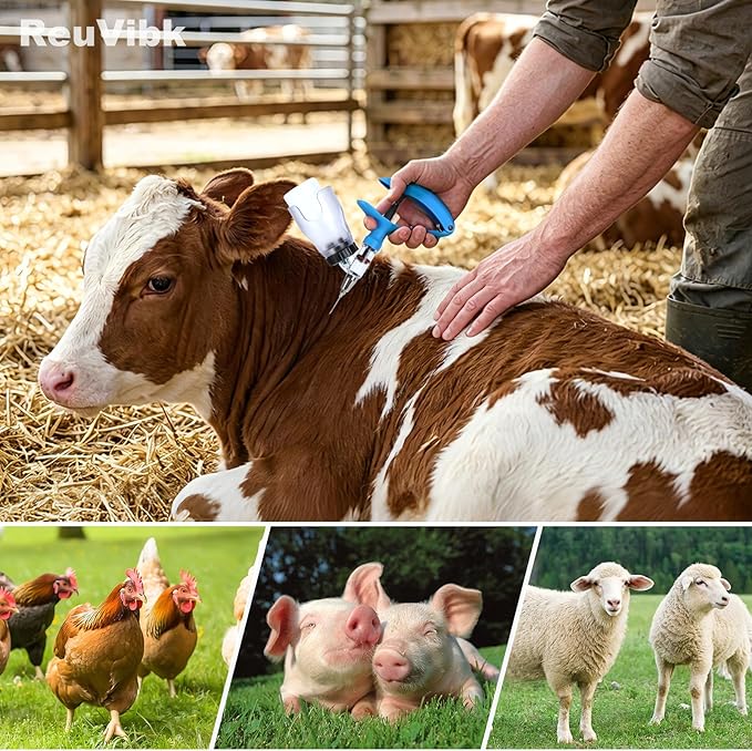 5ML Livestock Syringe Gun, Automatic Self Refill Injection Gun Continuous Adjustable Bottle Attachment Livestock Animal Syringe with 10 Needles, for Chicken, Duck, Pig, Sheep, Cow Poultry (Blue)