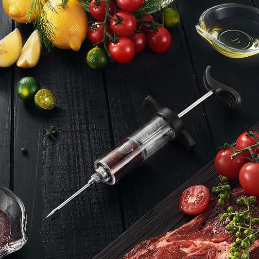 JY COOKMENT Meat Injector Syringe, 1-oz Marinade Flavor Injector with 2 Professional Needles,1 Cleaning Brushes(BLACK)