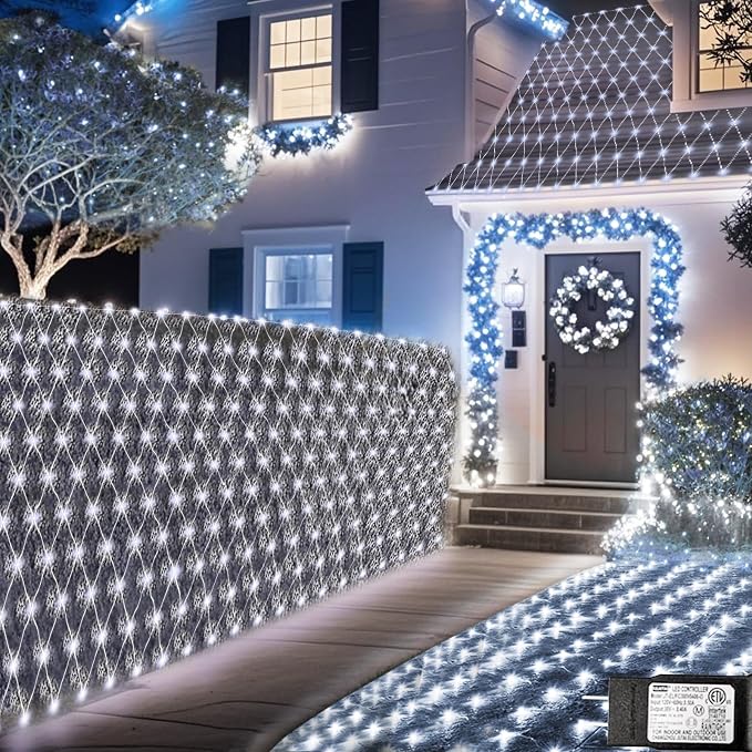 Pooqla Cool White Net Lights, 34.5X 5ft Christmas Lights Outdoor Clear Wire | 610 LED Large Net Mesh Lights Plug in, 8 Modes Waterproof Connectable Bushes Lights for Christmas Hedge Yard Decor