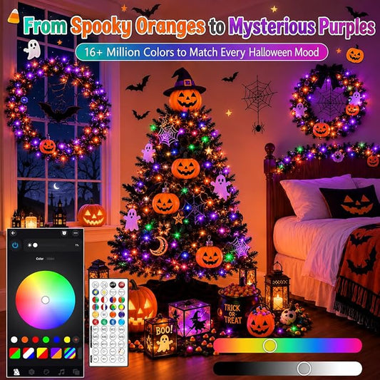 120LED 44FT Smart Color Changing Halloween String Lights RGB App & Remote | Music Sync, 16 Million DIY Colors, Timer & Memory, Waterproof Twinkle Lights Indoor Outdoor for Halloween Fall Decor