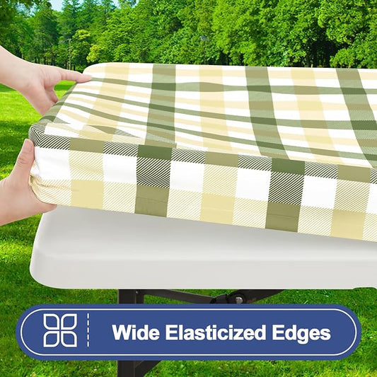 Smiry Picnic Table Cover with Bench Covers, Waterproof Elastic Fitted Tablecloths for 5 Foot Rectangle Tables, Washable Buffalo Plaid Tablecloth for Easter, Outdoor (Sage Green & Beige, 30"x60")