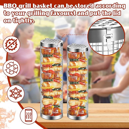 Grill Baskets for Outdoor Grill- 2 PCS, Rolling Grilling Basket, Stainless Steel BBQ Grill Mesh Grilling Accessories for Fish, Shrimp, Meat, Veggies, Fries, Grilling Gift for Men Dad Husband