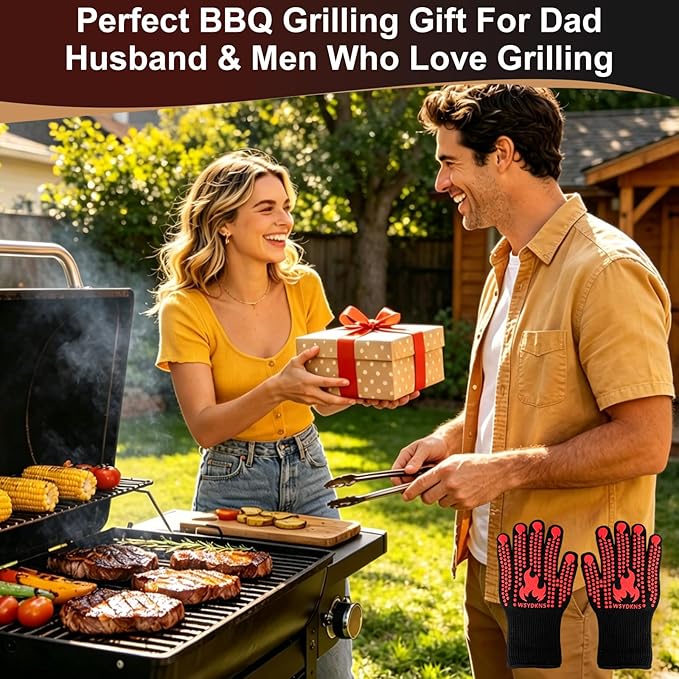 BBQ Gloves Heat Resistant 1472°F, Long Cuff Aramid Fiber Oven Mitts with Non-Slip Silicone, Grilling Gifts for Men, Dad, Husband, Smoker and Kitchen Cooking, Black/Red