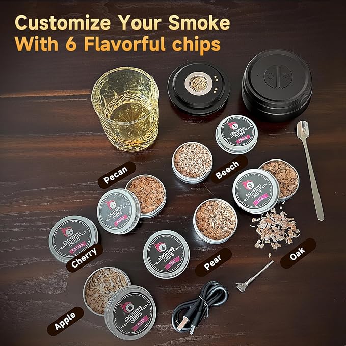 Electric Whiskey Smoker Kit Built-in Lighter, Rechargeable Old Fashioned Cocktail Bourbon Drink Smoker kit with 6 Wood Chips Whisky Kit Gifts for Men Dad Husband Boyfriend Mens