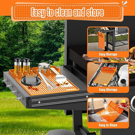 Silicone Griddle Mat for Blackstone Griddle Accessories, Large Heat Resistant Spatula Mat with Drip Pad, BBQ Grill Tools Holder for Outdoor Grill, Side Shelf, and Kitchen Countertop (1PC, Orange)
