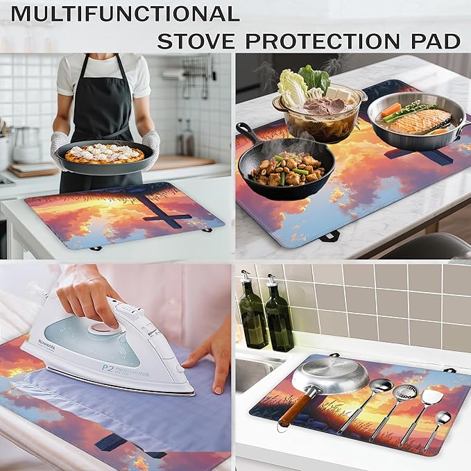 Wood Cross Stove Top Covers for Electric Stove,Easter Sunrise Glass Top Stove Cover, Heat Resistant Range Covers for Electric Stove,Washable Countertop Mat, 28 x 20 Inch