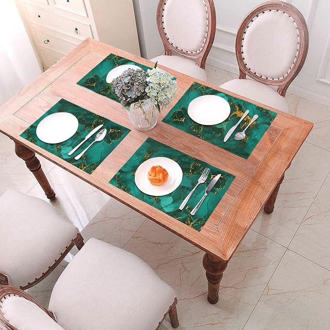 Turquoise Marble Placemats Set of 4, Emerald Dark Green Table Mats | Decorative Place Mats for Kitchen Holiday Party Modern Farmhouse Home Decor 12x18 Inch