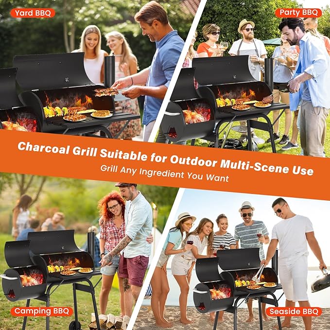 Charcoal Grills & BBQ Grill,43" Outdoor Offset Smoker Barbecue Grill with Built-in Thermometer & Wheels for Backyard, Patio, Camping
