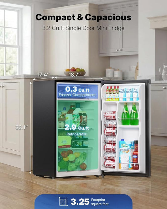 Upstreman 3.2 Cu.Ft Mini Fridge with Freezer, Stainless Steel-SR321 | Adjustable Thermostat, Energy Saving, Low Noise, Reversible Door, Small Refrigerator for Dorm, Bedroom, Office