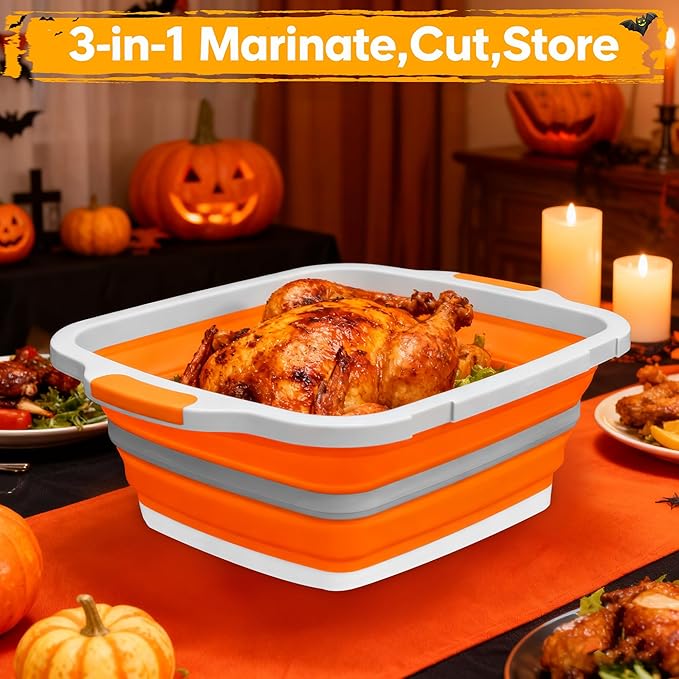 BBQ Prep Tub with Lid and Cutting Board - Collapsible Barbecue Tool Set for Marinating, Grilling, BBQ Prep Station for Outdoor Cooking, Camping Kitchen Accessories & Barbecue Utensils, X-Large Orange