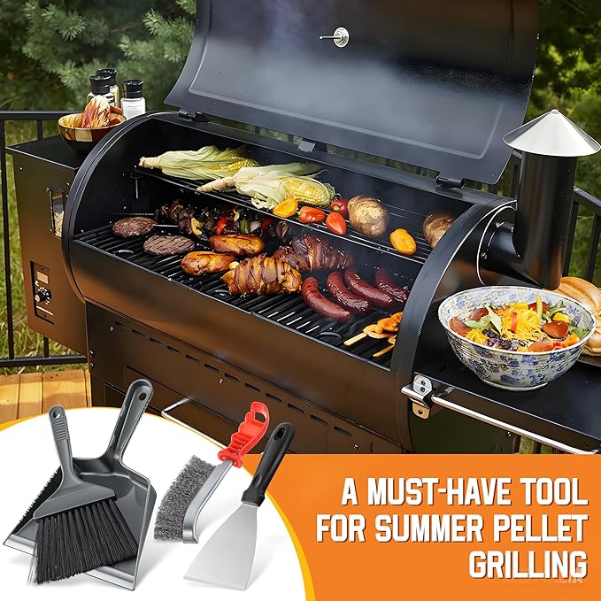 4 Piece Pellet Grill Ash Cleaning Kit, Includes Large Dust Pan, Soft Bristle Brush, Metal Scraper and Wire Brush for Easy Removal of Ash, Debris and Grime