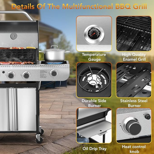 Multifunctional BBQ grill with features highlighted on a patio background
