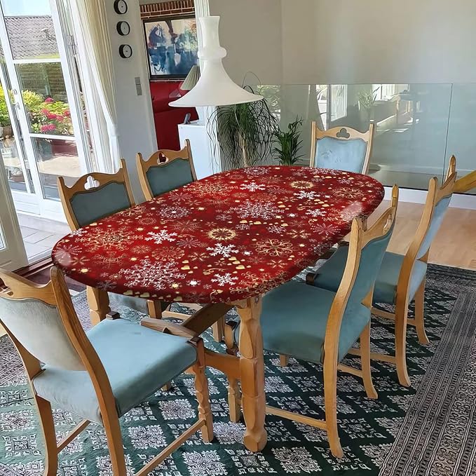 Merry Christmas Elastic Edge Oval Table Cover, Winter Gold White Snowflake Print Oblong Fitted Tablecloths, Fits to 52x 70 Inches Tables, Table Cloth for Indoor Family Banquet and Outdoor Patio Use
