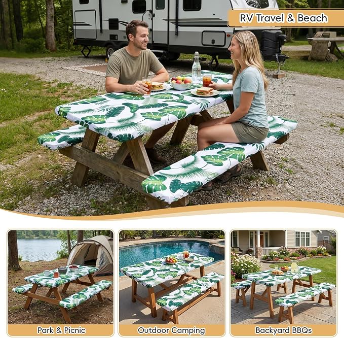 SquarePie Picnic Table Cover with Bench Covers - Waterproof Fitted Elastic Tablecloth for 6 FT Tables - Washable Polyester Camping Table Cloth for Outdoor Patio RV BBQ (Palm Leaf, 30"x72")