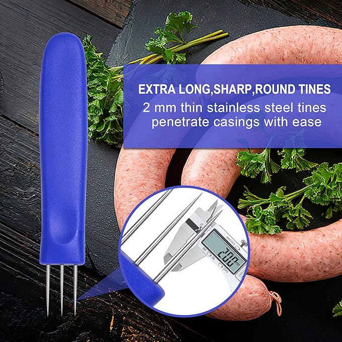 3-Prong Sausage Pricker Tool, 6.5 Inch Stainless Steel Meat Needle for Sausage Making, with Non-Slip Handle & Storage Case for Sausage Making