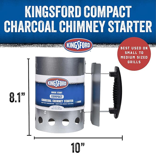 Kingsford Compact Charcoal Chimney Starter for Grills and BBQs, Dimensions 8.1 x 5.7 x 10 Inch, Quick-Light, Heat Shield, Stay-Cool Handle, Durable Zinc Steel, No Assembly