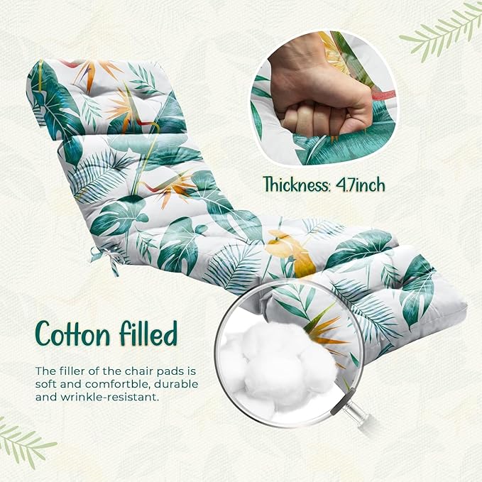 4 Pack Outdoor Chaise Lounge Chair Cushion 75.1 x 22.8 x 4.7 Inches 100% Waterproof Replacement Cotton Patio Pool Lounge Chair Cushion for Outdoor Furniture with Ties,Yellow-Green Leaf