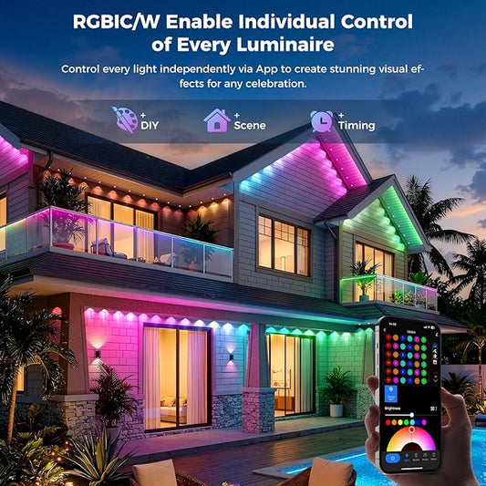 CDN House's Permanent Outdoor Lights, 100FT RGB+IC Outdoor Decor, 111 Scene Modes, 60 LED Lights with Smart APP & Remote Control, IP65 Waterproof, String Lights for Christmas Decorations