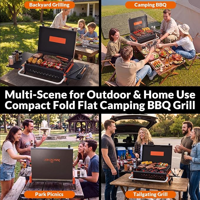 Portable Charcoal Grill, Foldable Tabletop BBQ Grill for 2-4 People | Fold-Flat Camping Grill, Removable Ash Pan, Side Shelves, Locking Lid for Backyard, Patio, Tailgating & Outdoor Cooking