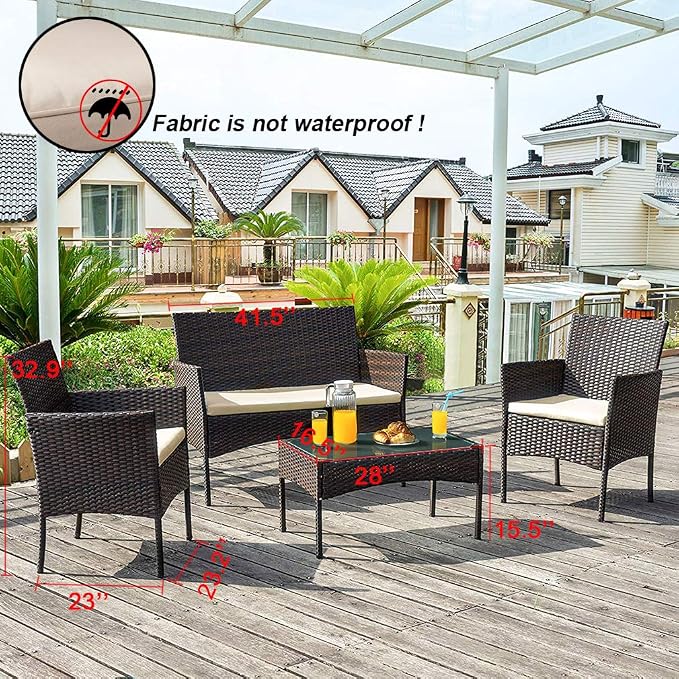 FDW Rattan Furniture Brown Wicker Chair Patio Bristo Set for Outdoor Indoor Use with Loveseats Coffee Table,Khaki Cushion, 4-Pieces